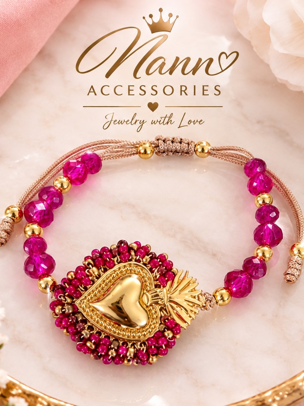 💗 Fuchsia & Gold Heart Bracelet — Nann Accessories 💗